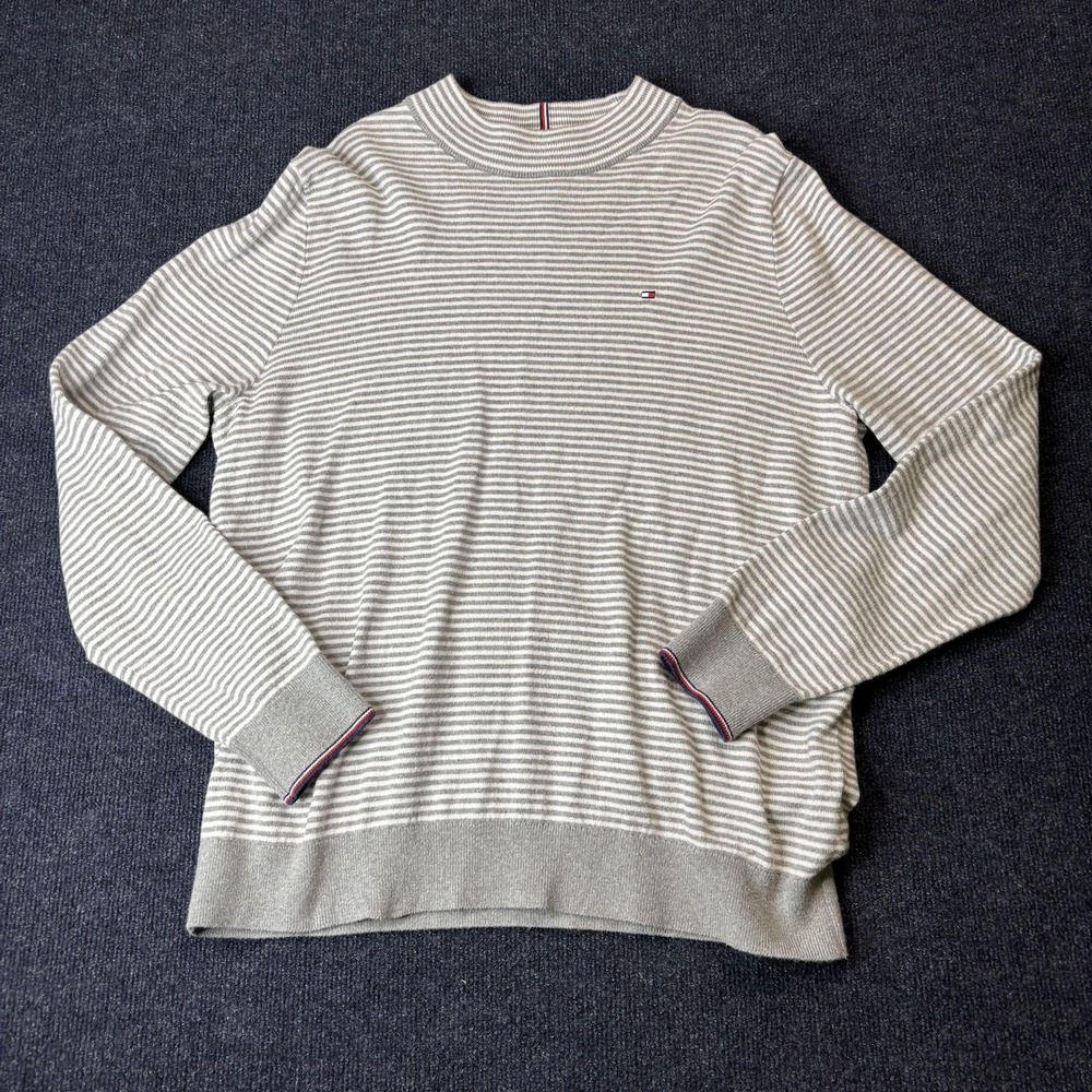 Tommy Hilfiger Sweater‎ Mens XL Gray Striped Pima Cotton Cashmere Crewneck Knit